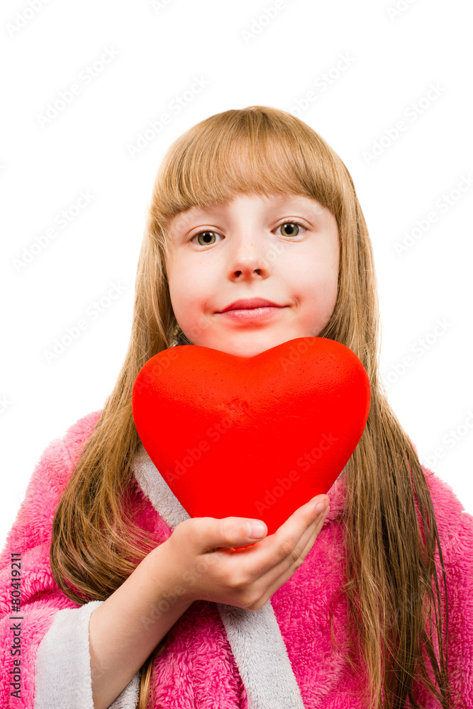 Little girl holding red heart, close-up isolated on white Little girl holding red heart, close-up isolated on white