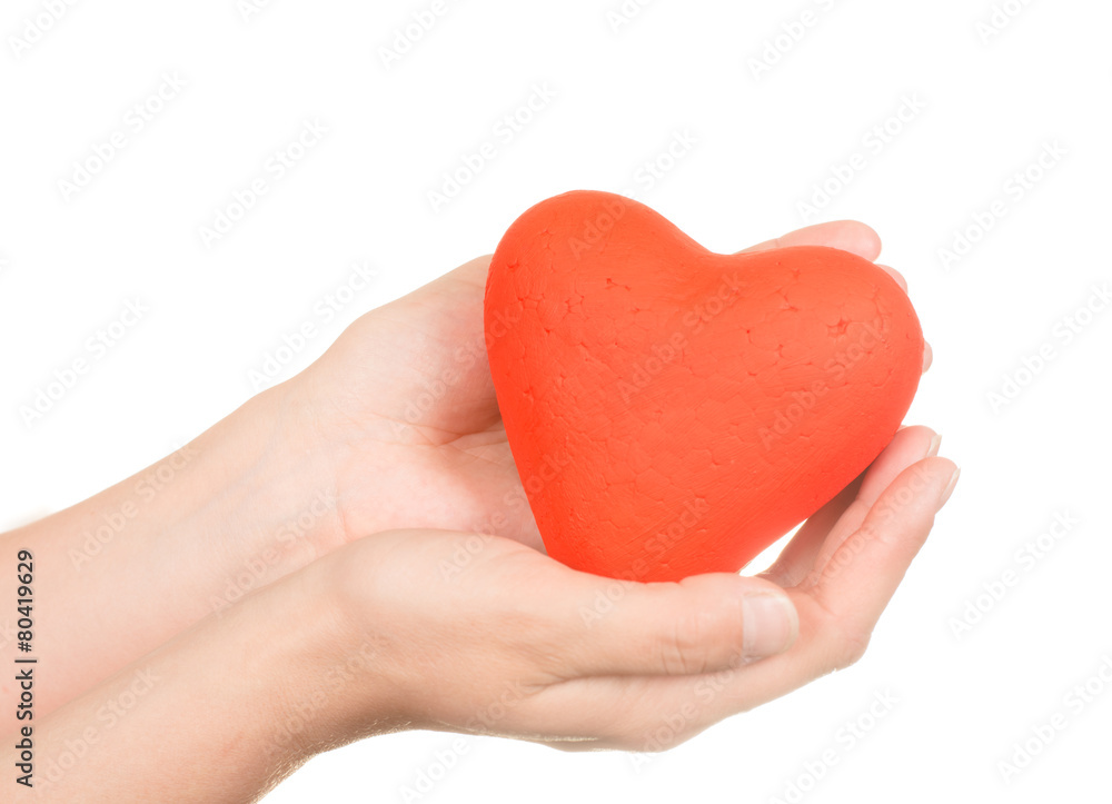 Red heart in man hands, isolated on white