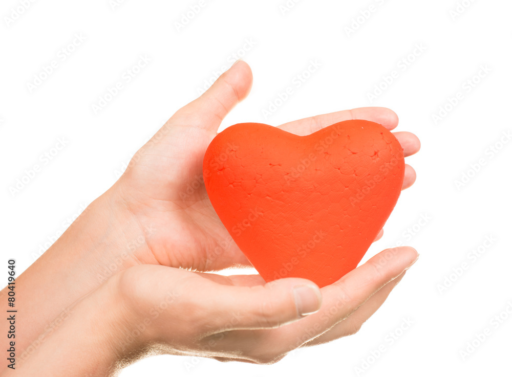 Fototapeta premium Red heart in man hands, isolated on white