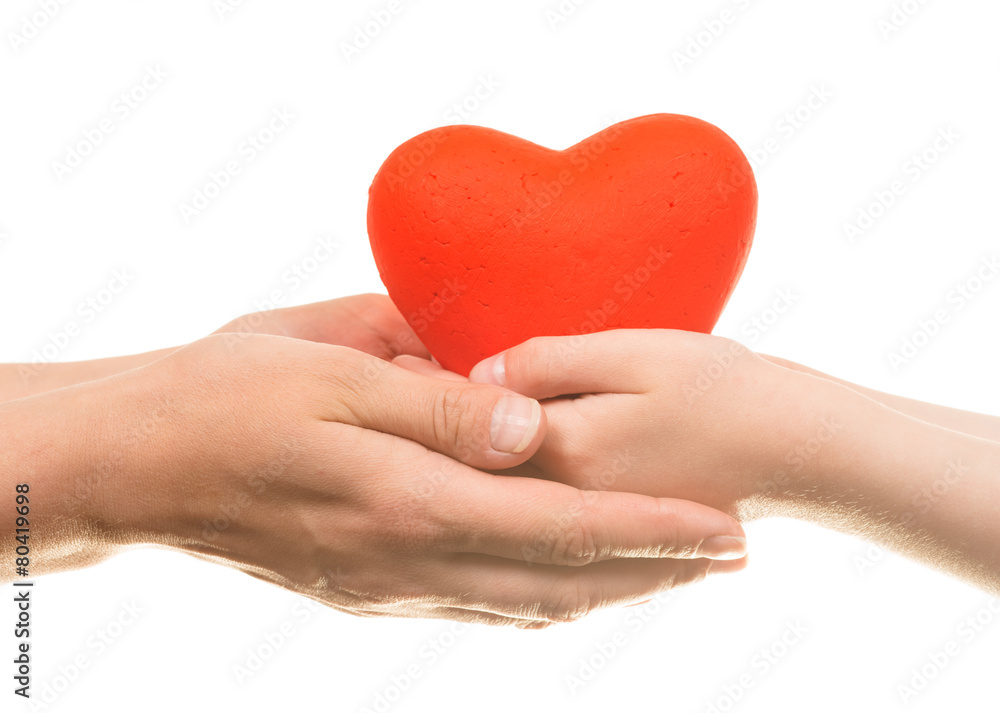 Red heart in man hands, isolated on white Red heart in man hands, isolated on white