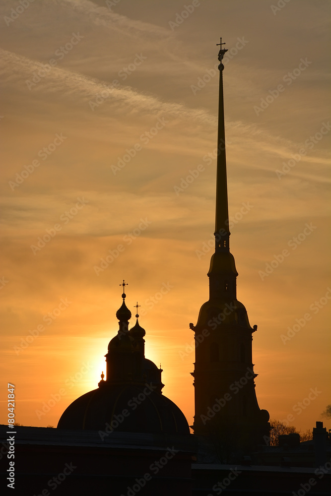 Peter and Paul cathedral in Saint-Petersburg at the sunset