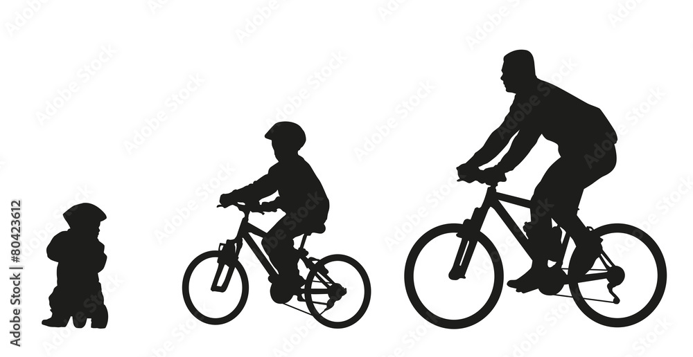 Obraz premium Father and kids on bike. Vector silhouette