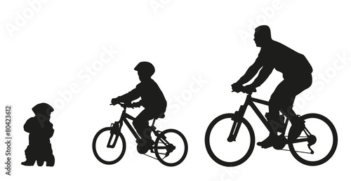 Father and kids on bike. Vector silhouette