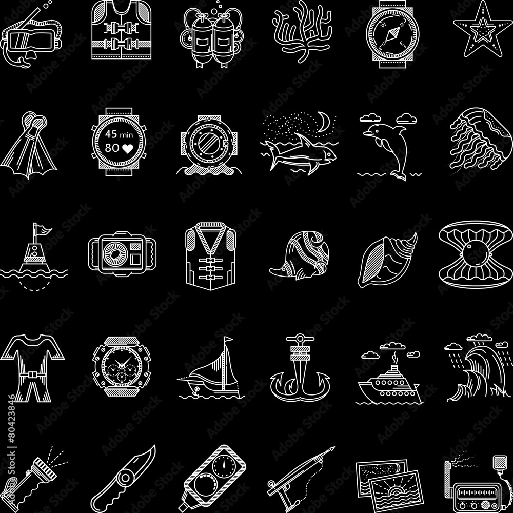 Scuba diving white line icons vector collection Scuba diving white line icons vector collection