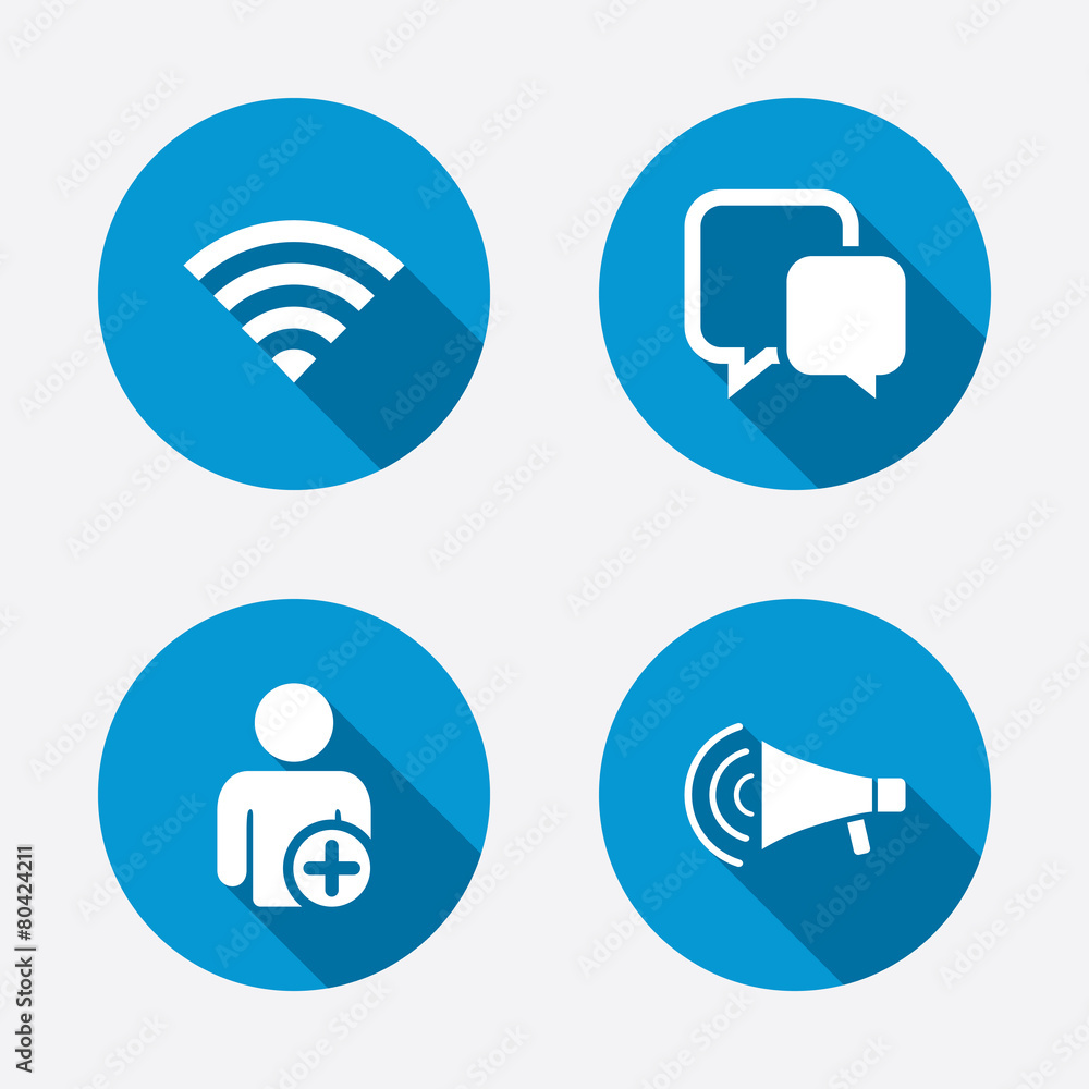 Wifi and chat bubbles. Add user, megaphone. Wifi and chat bubbles. Add user, megaphone.