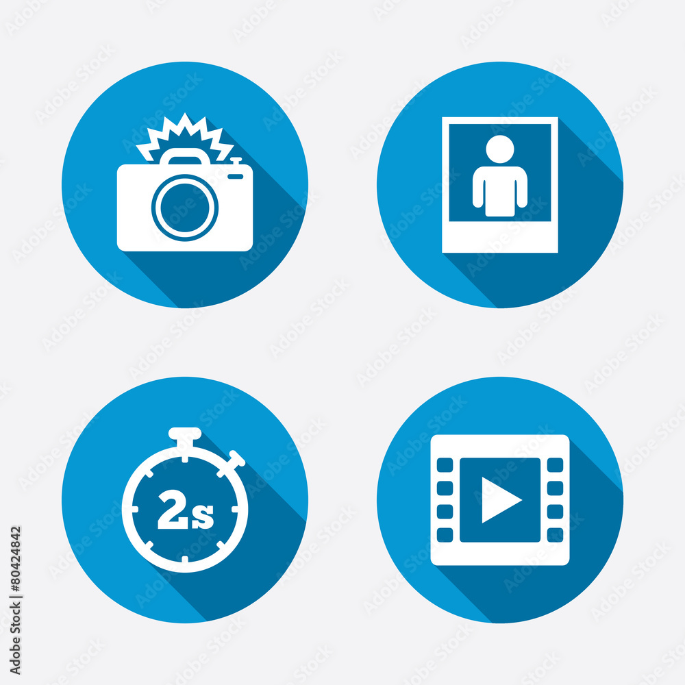 Photo camera icon. Flash light and video frame. Photo camera icon. Flash light and video frame.