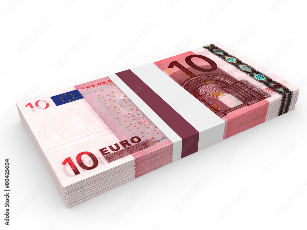 Pack of banknotes. Ten euros. Pack of banknotes. Ten euros.