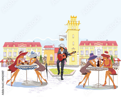 Series of street views with people in the old city