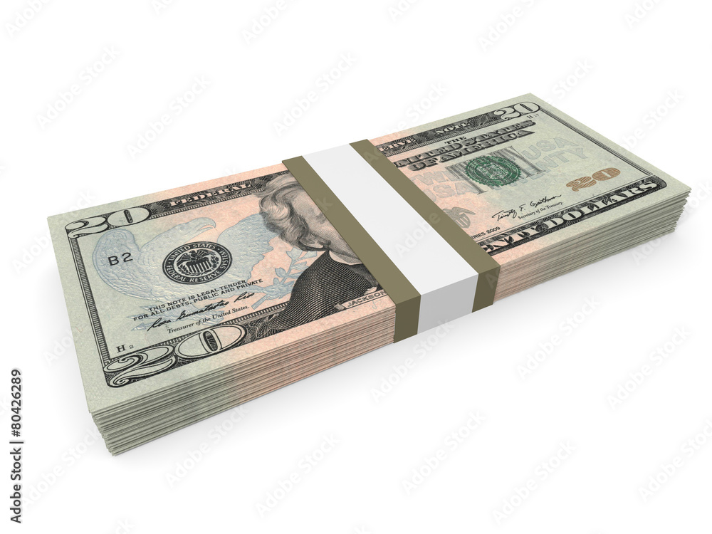 Pack of twenty dollars bank notes. Pack of twenty dollars bank notes.