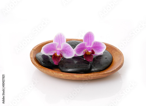 Two pink orchid with black stones on wooden bowl