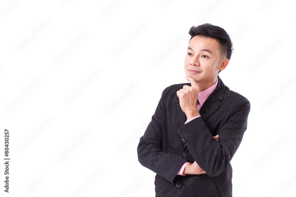 happy businessman thinking, finding a good idea happy businessman thinking, finding a good idea