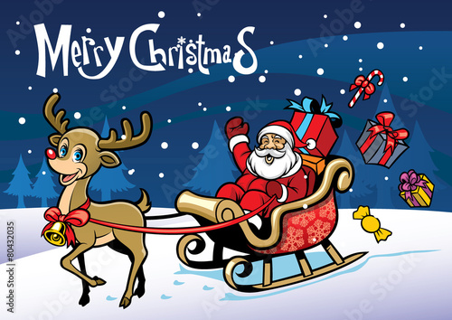 Cheerful santa claus and the happy deer