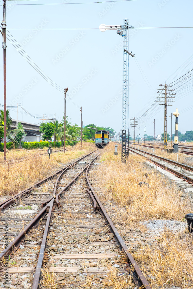 Vacant Rail way switch track with yellow die grass