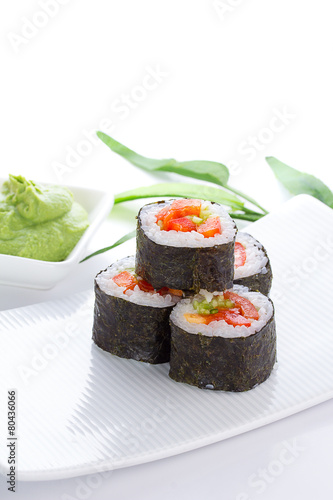 Sushi maki on white plate over white background