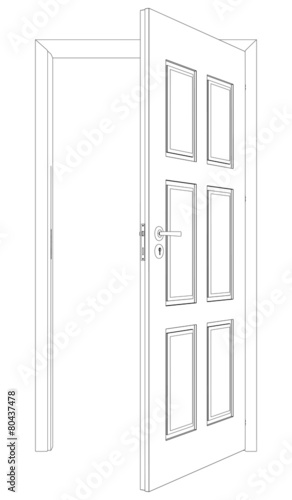 Wire-frame opened door. Vector Illustration