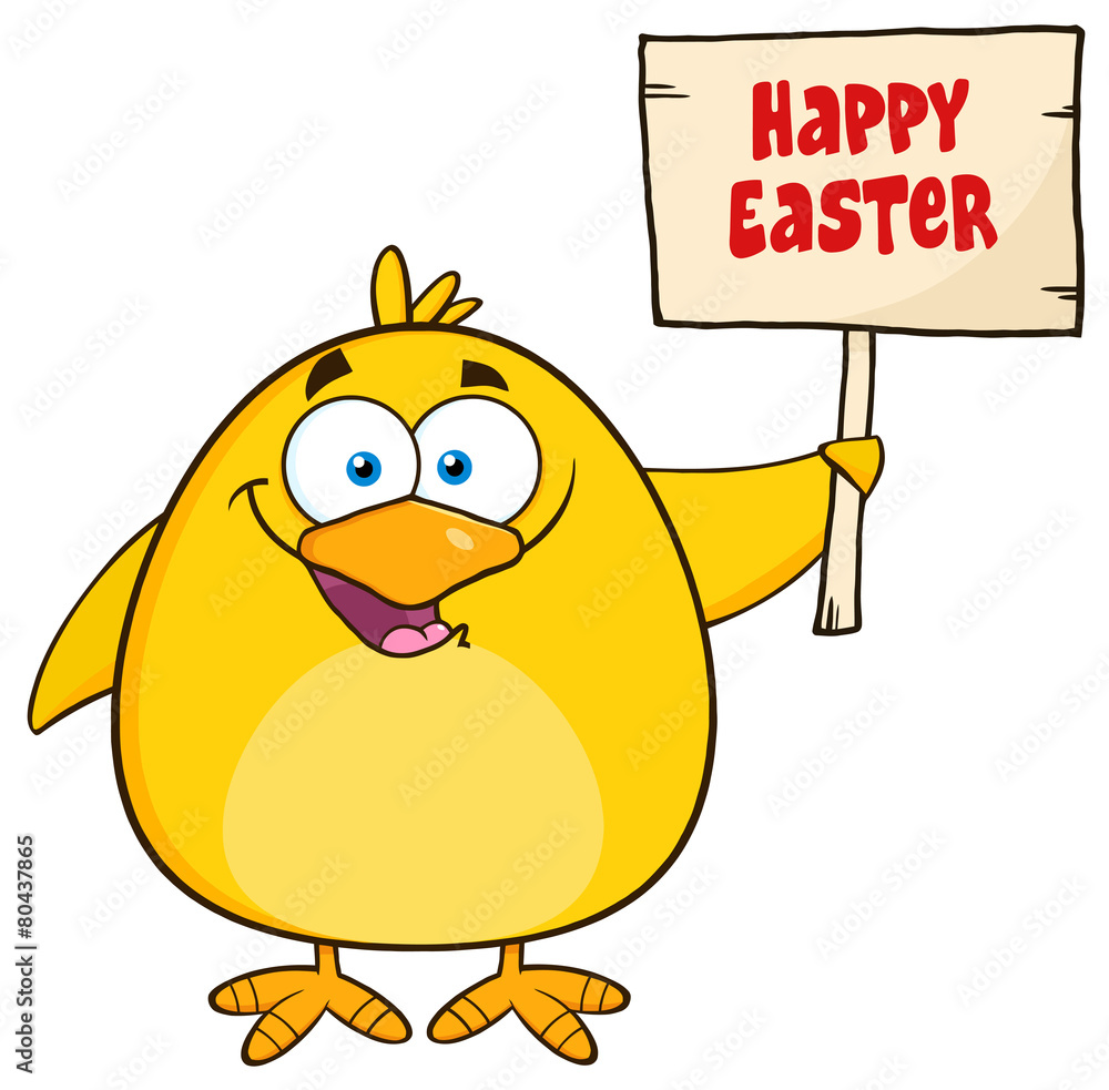 Happy Yellow Chick Character Holding A Happy Easter Sign
