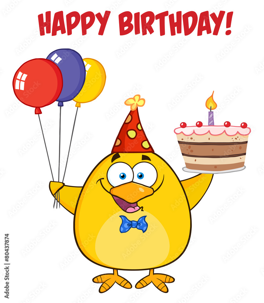 Happy Birthday With Chick Holding Up A Colorful Balloons Happy Birthday With Chick Holding Up A Colorful Balloons