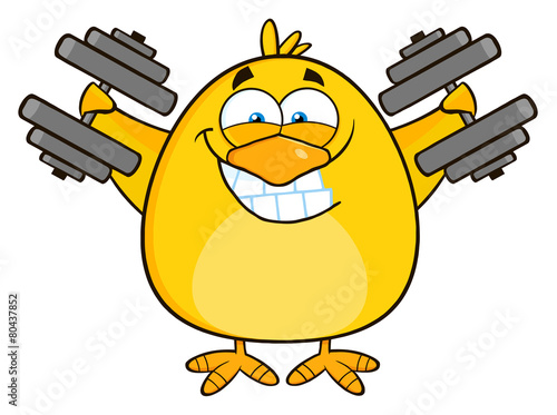 Smiling Yellow Chick Character Training With Dumbbells