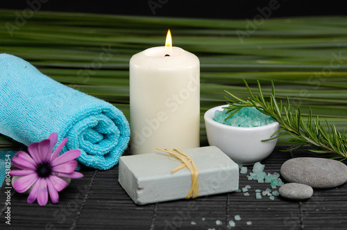 Spa set on mat with green plant
