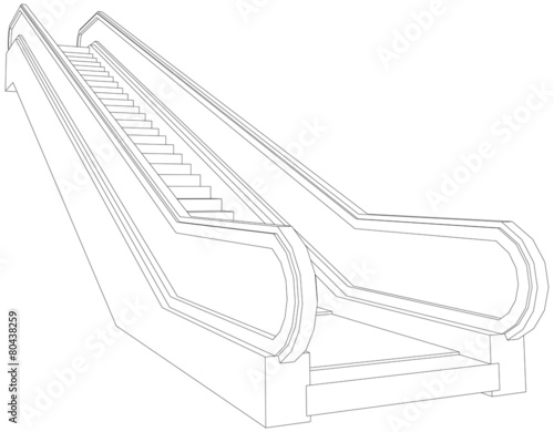 Drawing of wire-frame escalator. Perspective view. Vector