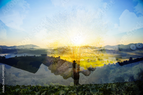 Double exposure handshake on a forest background