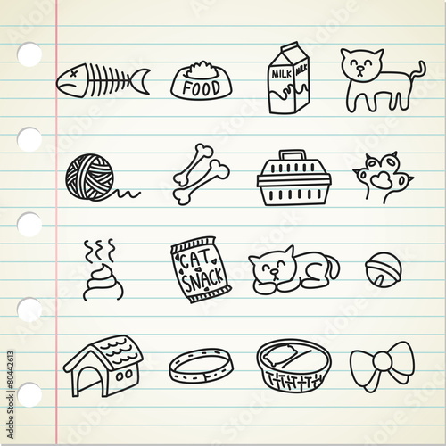 set of cat related icon in doodle style