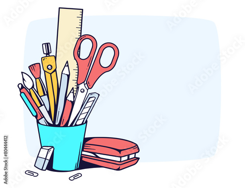 Vector illustration of blue holder with stationery set in frame