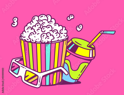 Vector linear illustration of pop corn with juice and anaglyph g