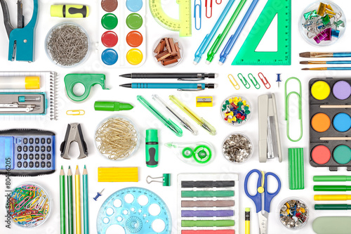 school tools on white background top view