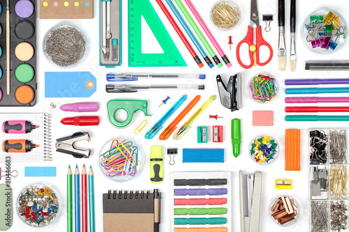 school tools on white background top view