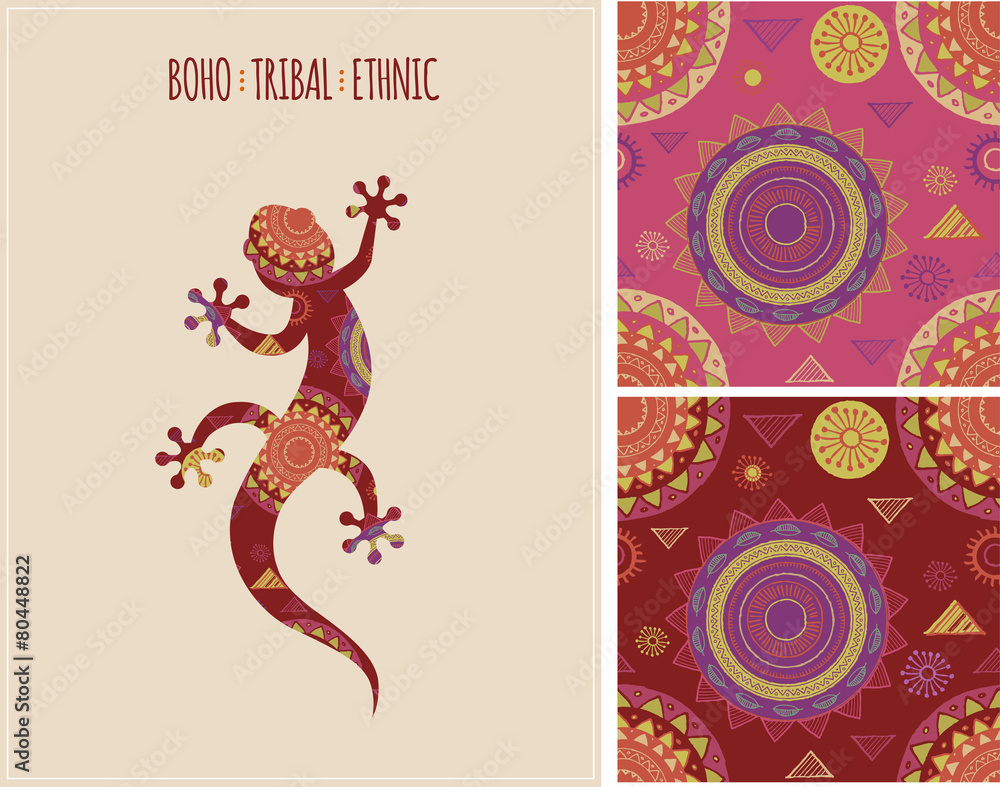 Fototapeta premium Bohemian, Tribal, Ethnic background with lizard and patterns