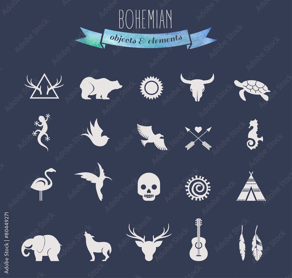 Collection of Bohemian, Tribal objects, elements and icons Collection of Bohemian, Tribal objects, elements and icons