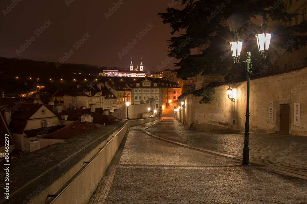 Views of the City of Prague at night.