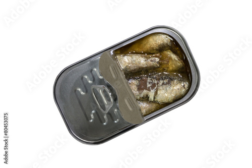 Opened can with sardines fish isolated with clipping path