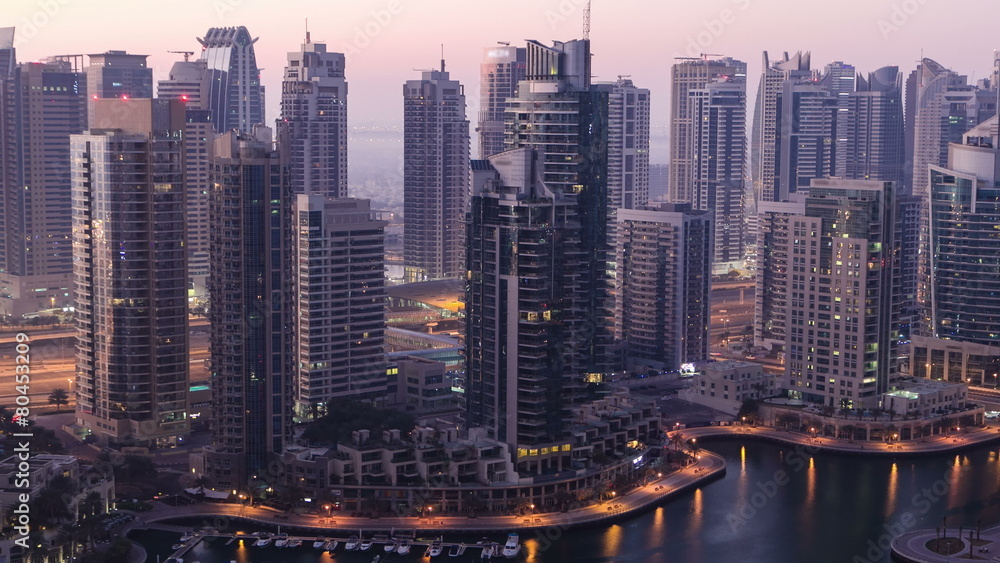 Dubai marina harbor from night to day transition timelapse close Dubai marina harbor from night to day transition timelapse close