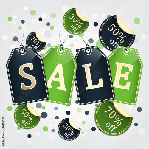 Sale tags vector background with labels and bubbles