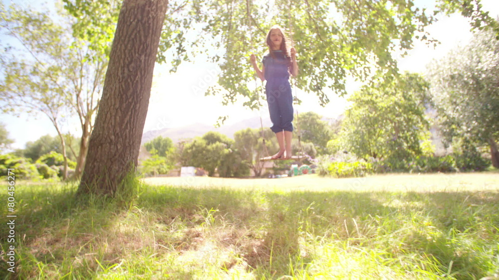 Girl standing on swing under large tree in sunlit field