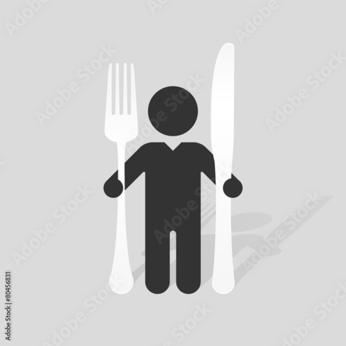 Simple black silhouette of a man with a large knife and fork