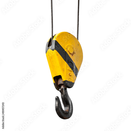 Fotografie Crane hook hanging on ropes isolated on white