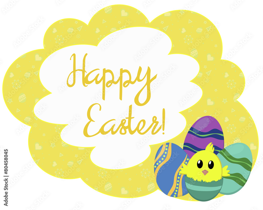 Fototapeta premium Yellow patterned Easter card with greetings, eggs and chicken