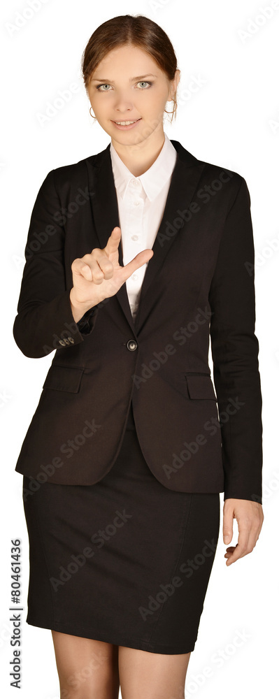 Business woman shows forefinger up. white background. Business woman shows forefinger up. white background.