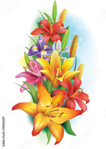 Fototapeta Naklejka Na Ścianę i Meble -  Garland of lilies and irises flowers