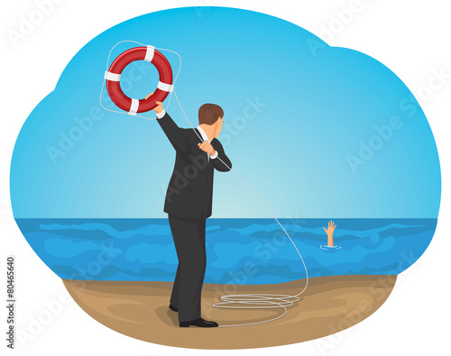 Businessman throwing life buoy to save man in the sea of crisis