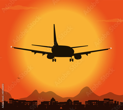 decollo d'aereo al tramonto