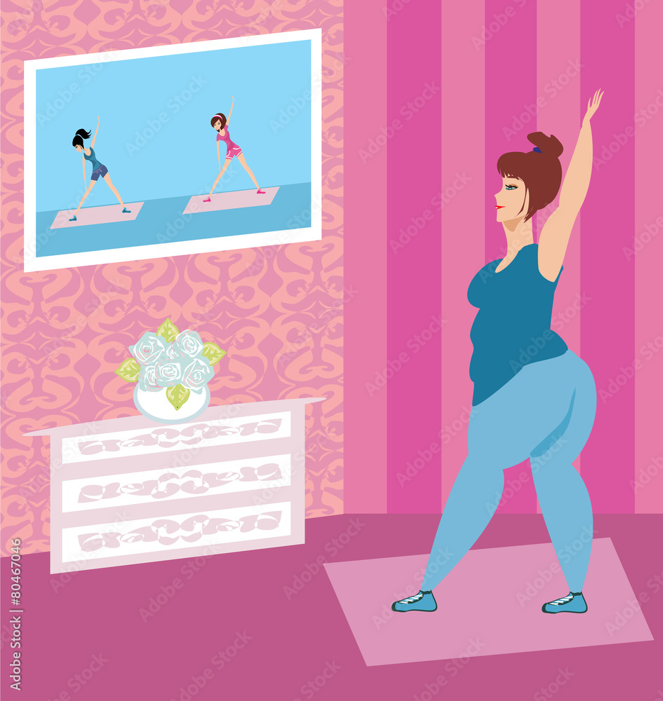 obese woman doing home exercises while watching program on telev obese woman doing home exercises while watching program on telev