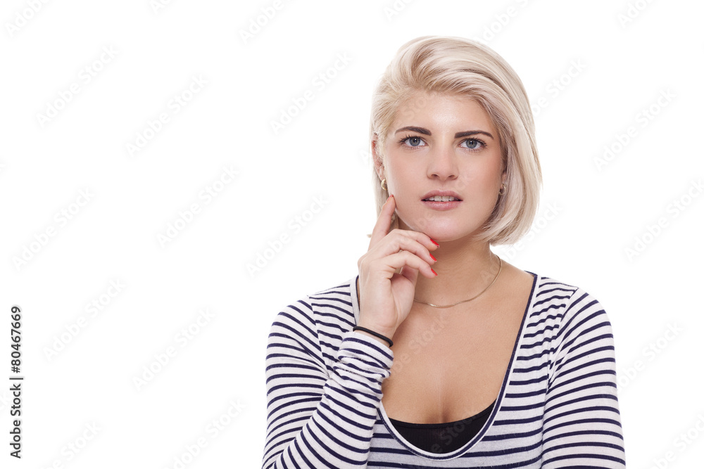 Smiling Pretty Blond Woman in Casual Stripe Shirt Smiling Pretty Blond Woman in Casual Stripe Shirt