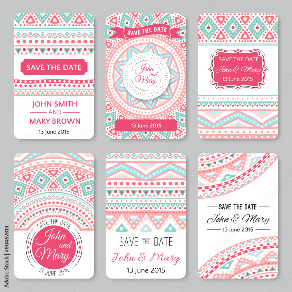 Set of perfect wedding templates with doodles tribal theme