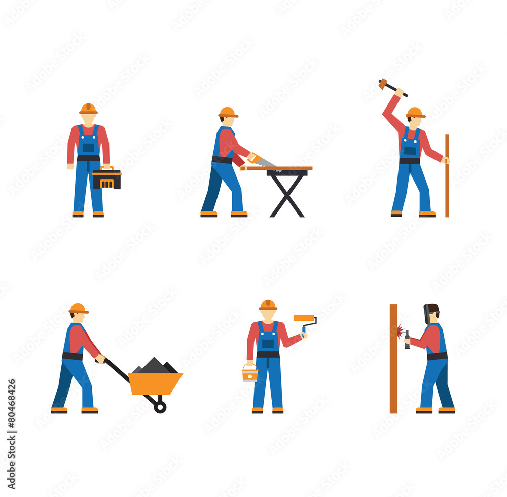 Construction worker people silhouettes icons flat set isolated