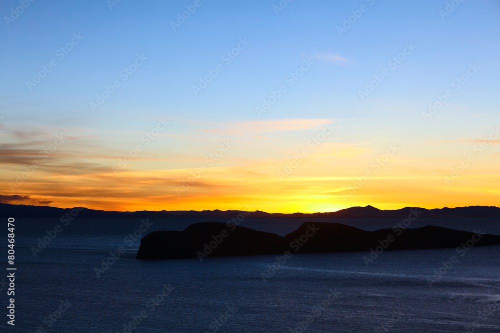 Sunset over Lake Titicaca seen from Isla del Sol, Bolivia