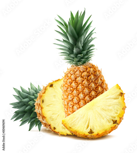 Pineapple behind and pieces isolated on white background